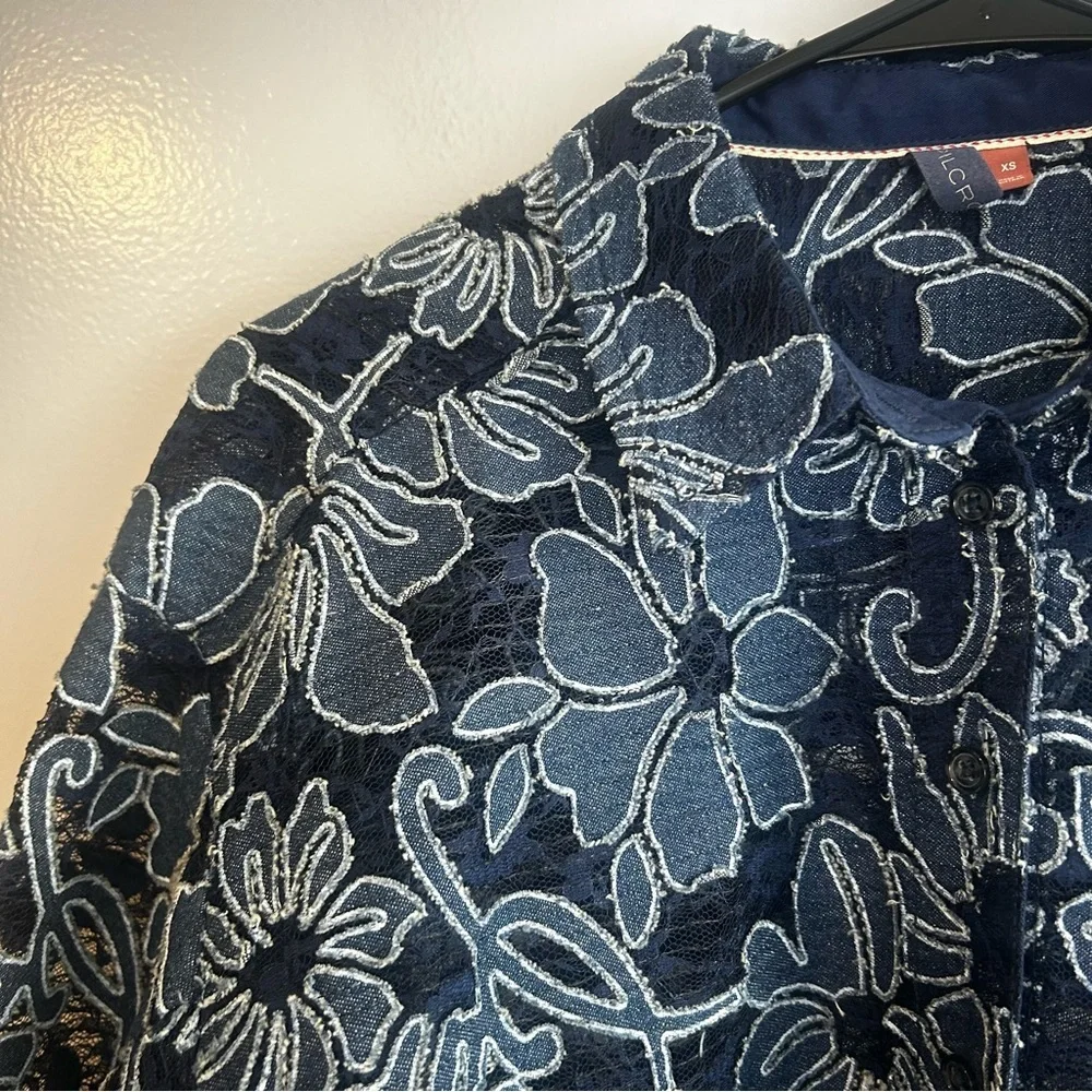 Pilcro Anthropologie Navy Blue Sheer Lace Button Down Shirt Size XS